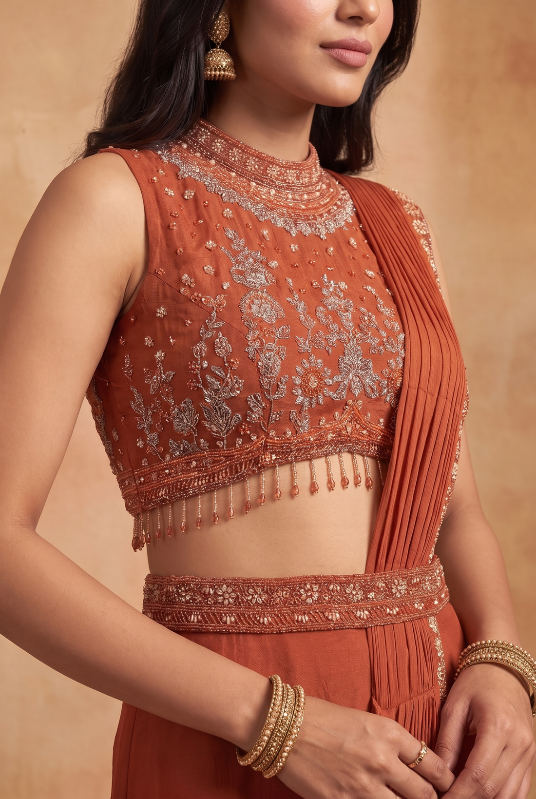 Orange Embroidered Blouse with Draped Skirt Saree Set