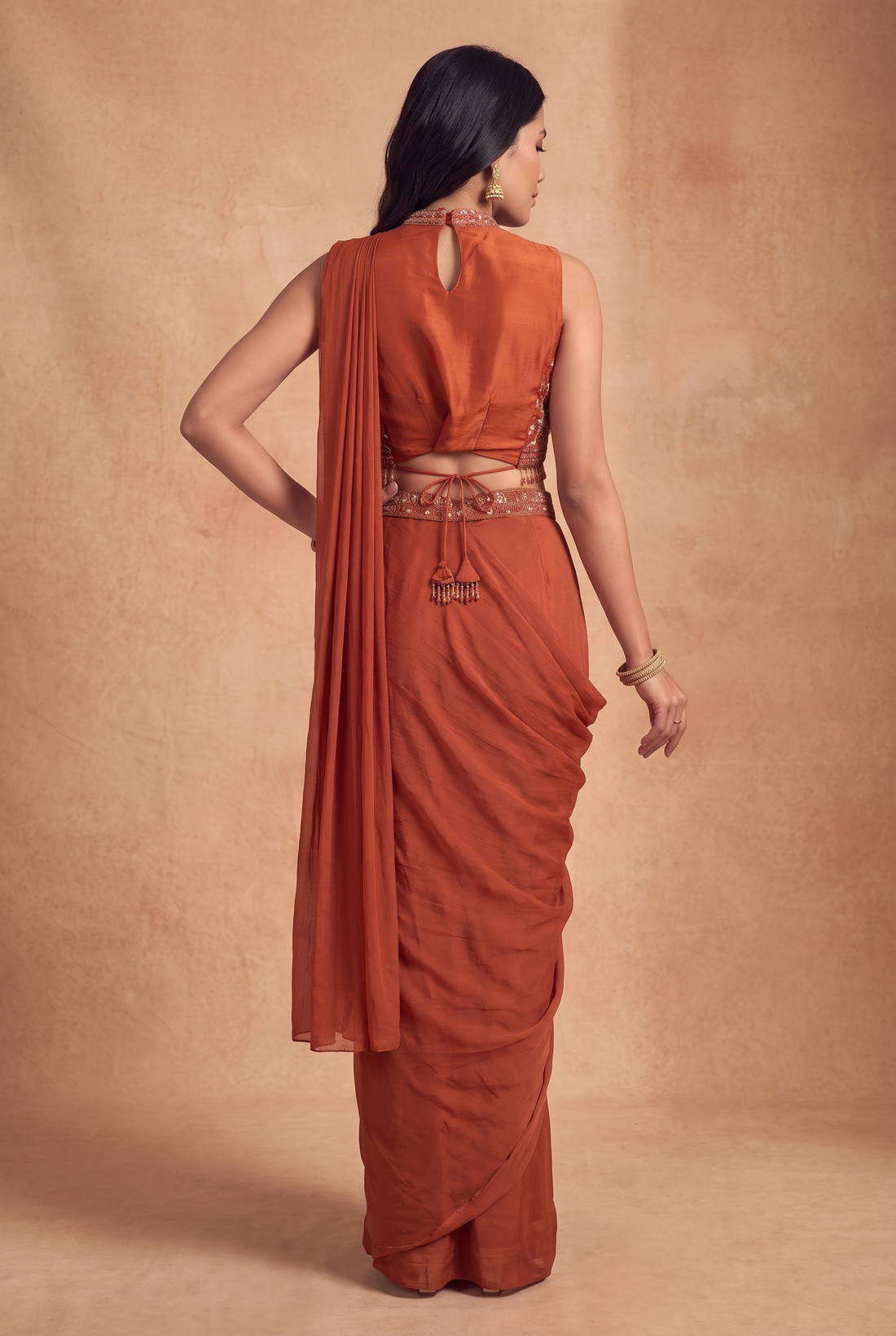 Orange Embroidered Blouse with Draped Skirt Saree Set