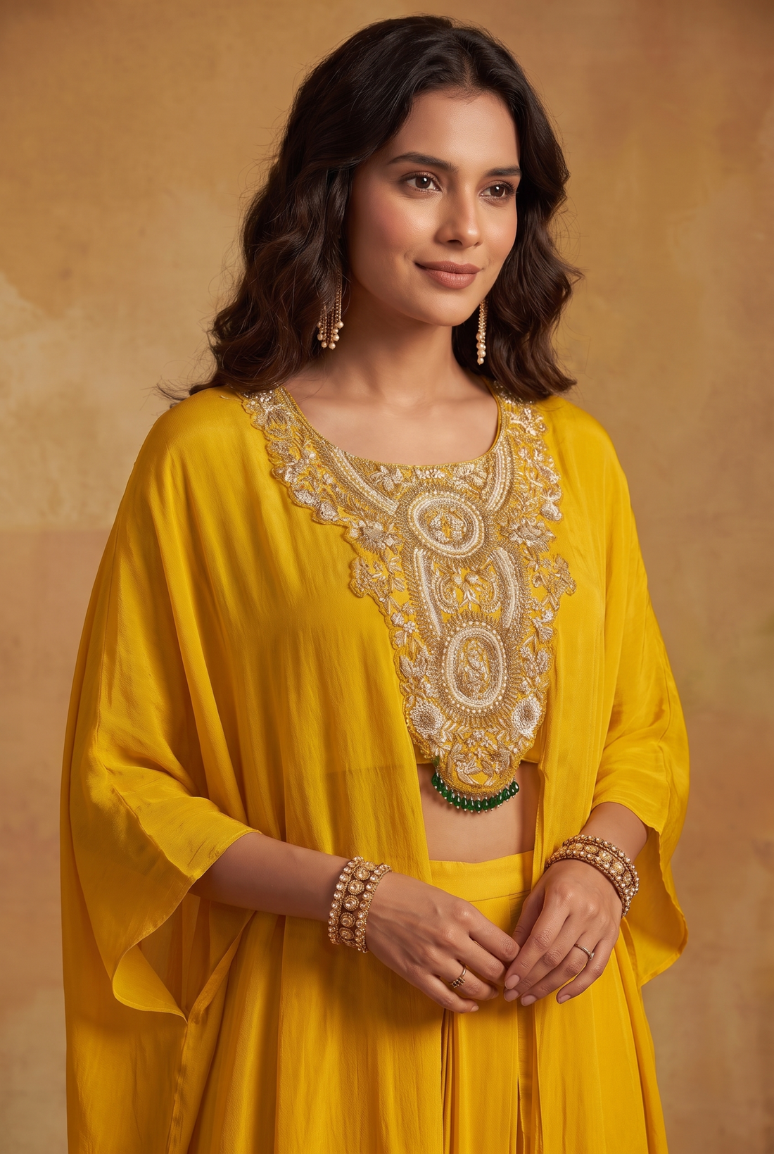 Yellow Embroidered Kaftan Top with Draped Skirt Set