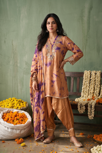 Peach Satin Kurta Set with Purple Shibori Tie-Dye Dupatta