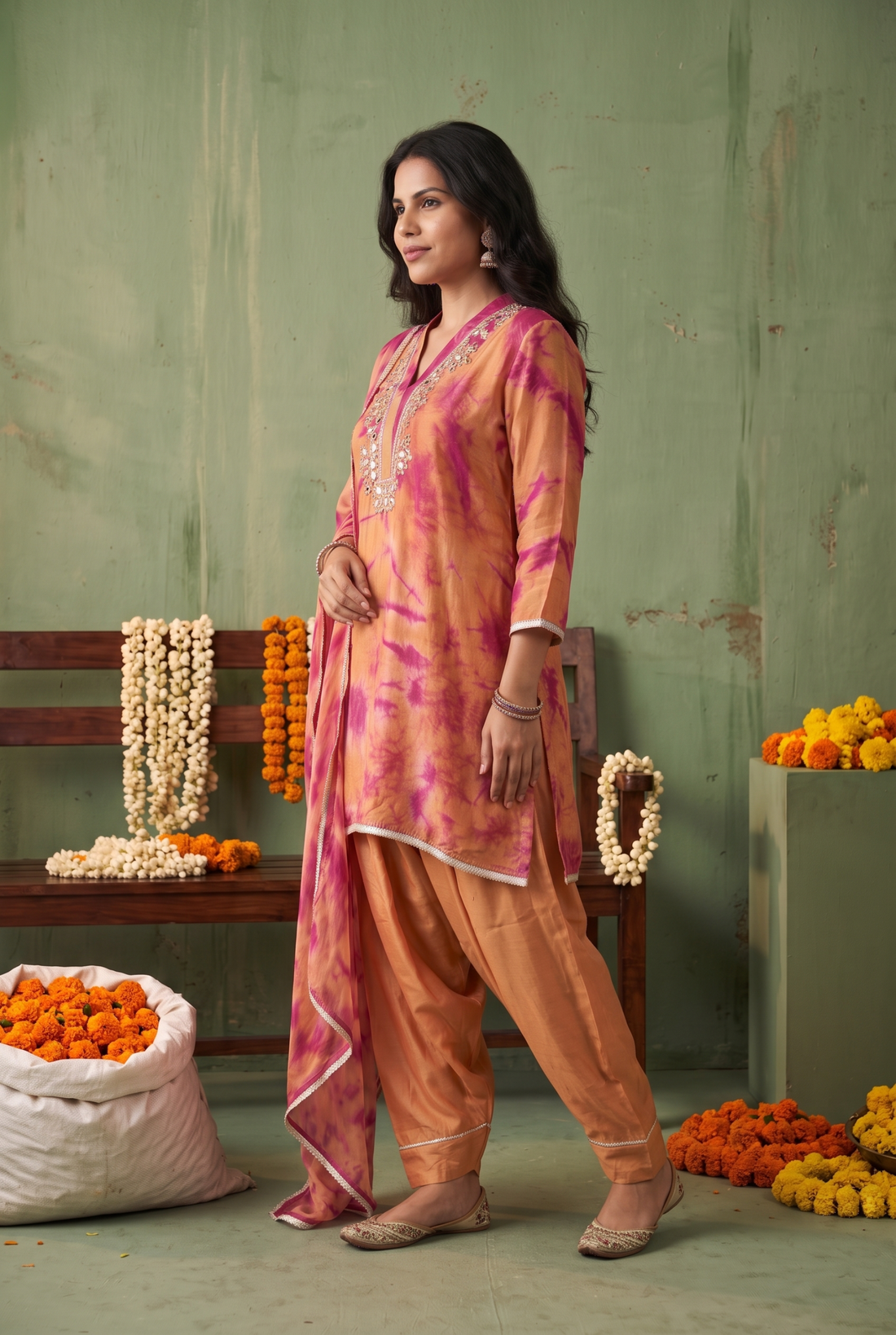 Peach Satin Kurta with Mirror Work Embroidery
