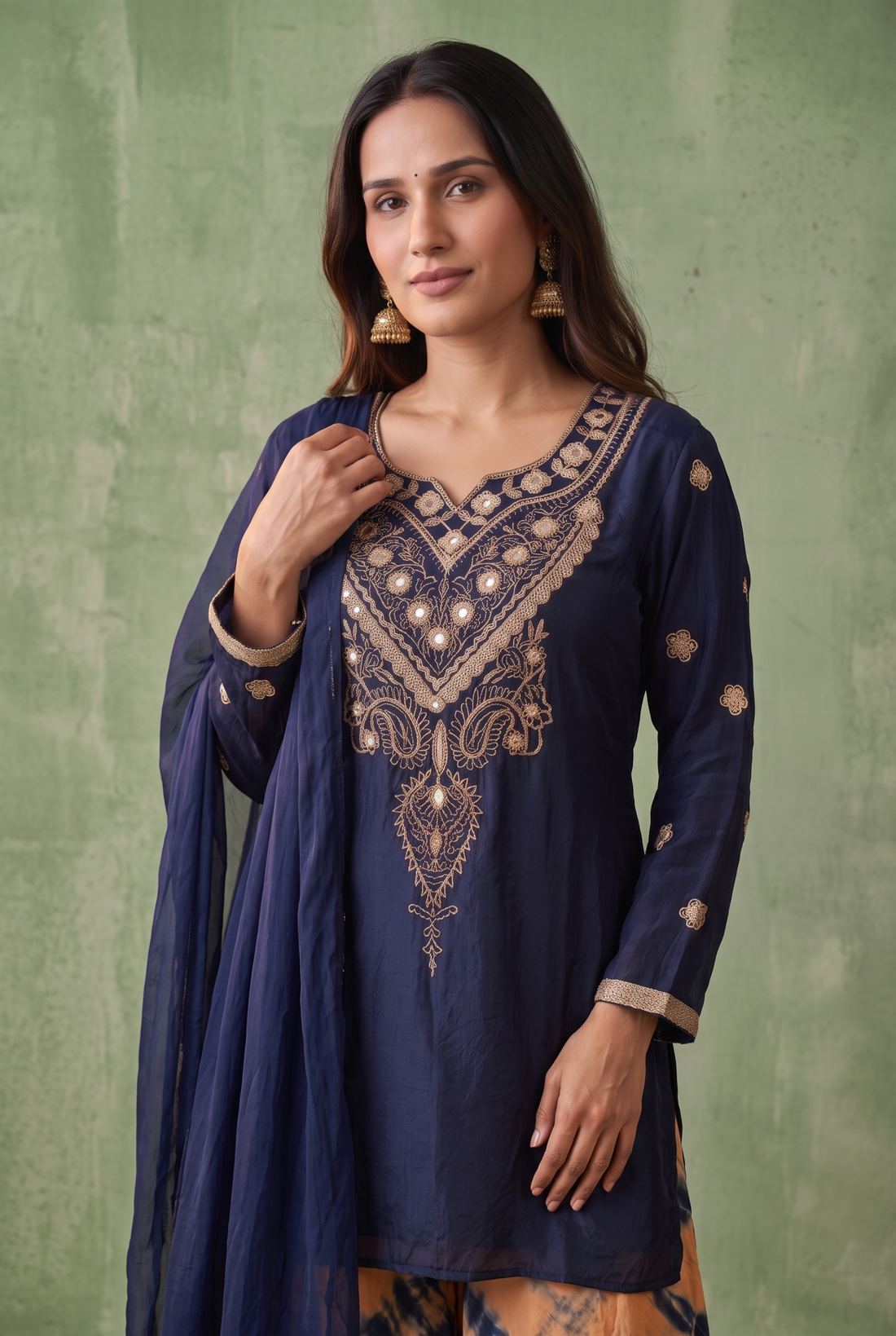 Navy Blue Embroidered Kurta Set with Shibori Print Dupatta