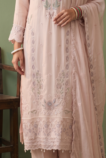 Light Pink Organza Embroidered Kurta Pant Set with Dupatta