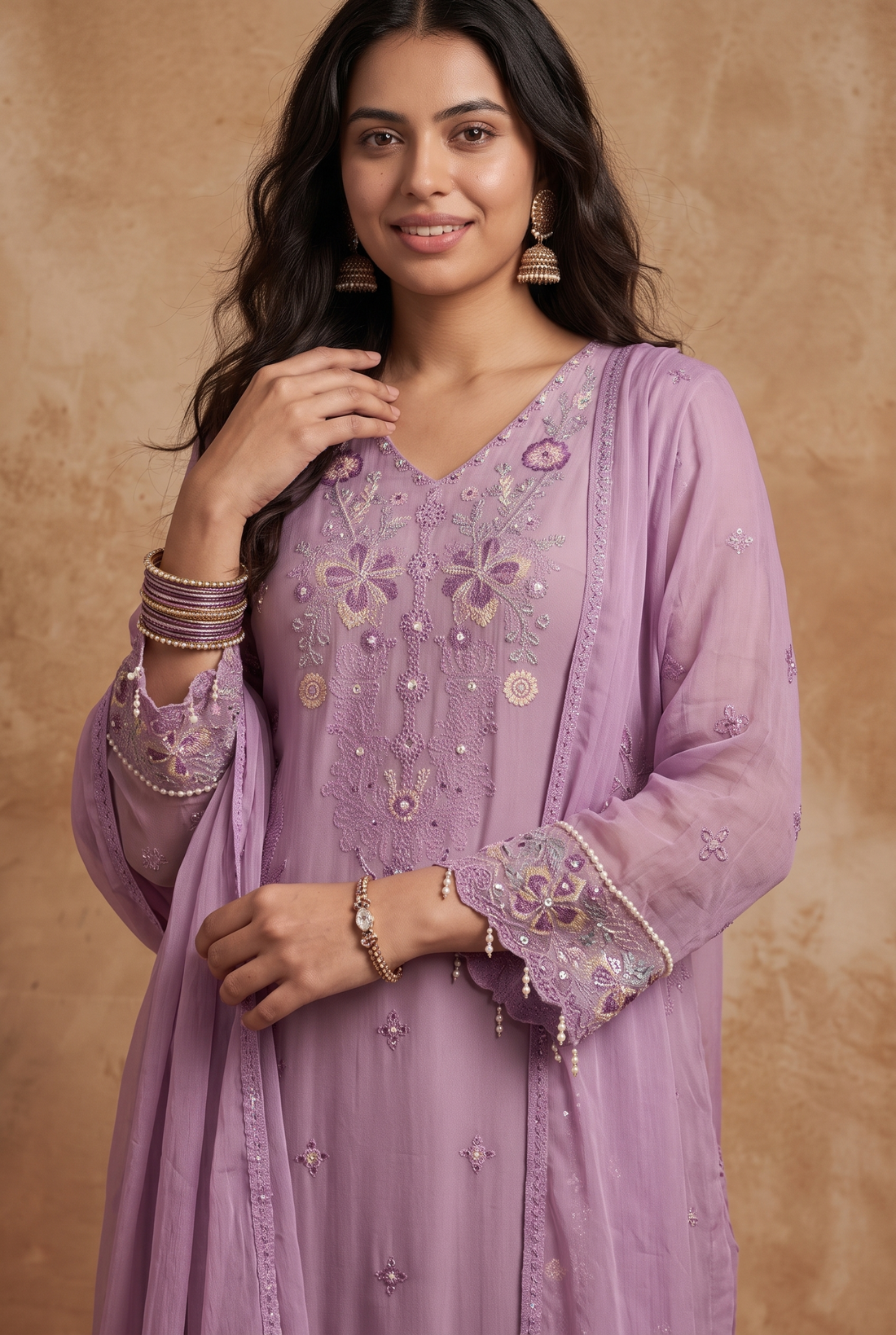Lilac V-Neck Kurta Set with Pearl Lace Dupatta