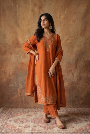 Orange Embroidered Kurta Pant Set with Scalloped Dupatta