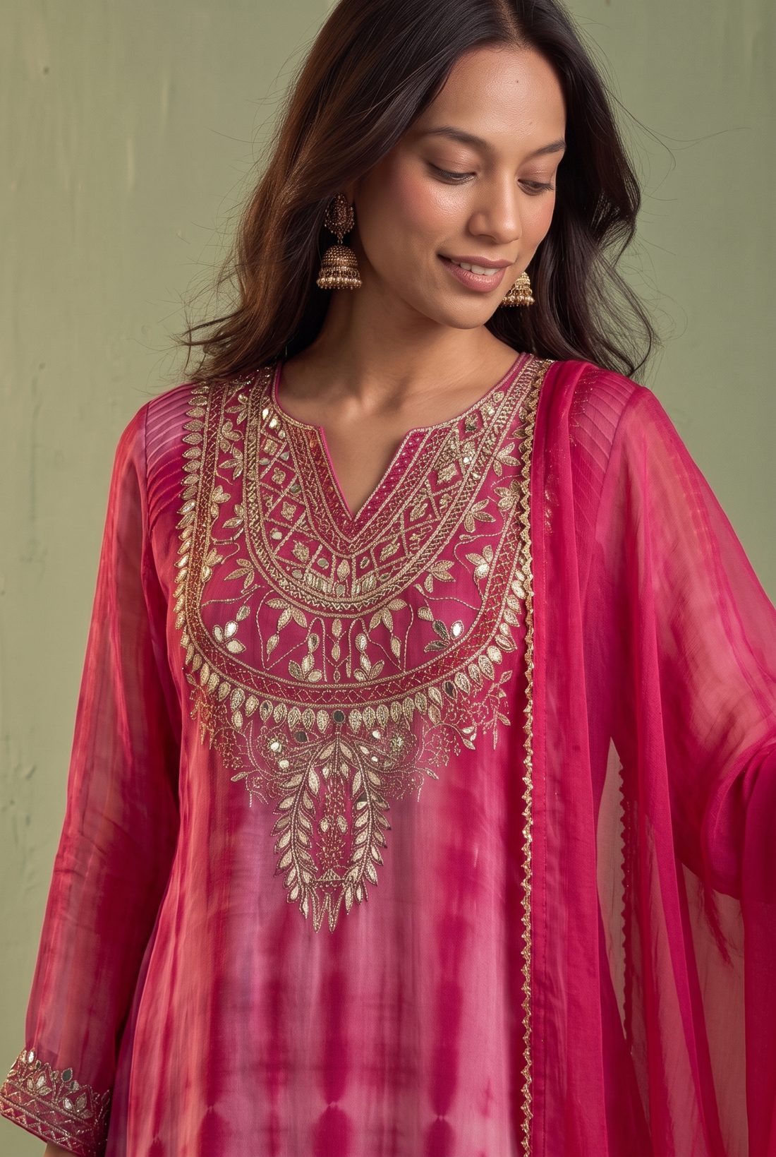 Pink Shibori Tie-Dye Kurta with Heavy Mirror Work