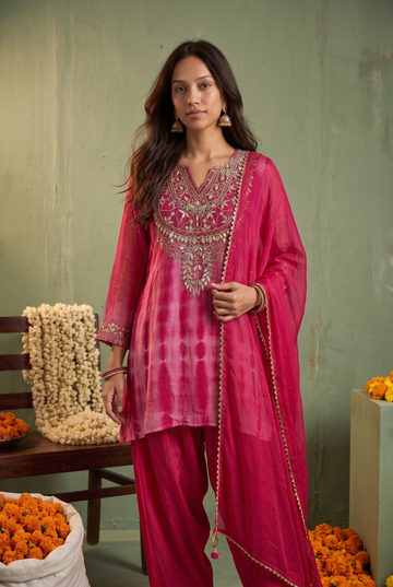 Pink Shibori Tie-Dye Kurta with Heavy Mirror Work
