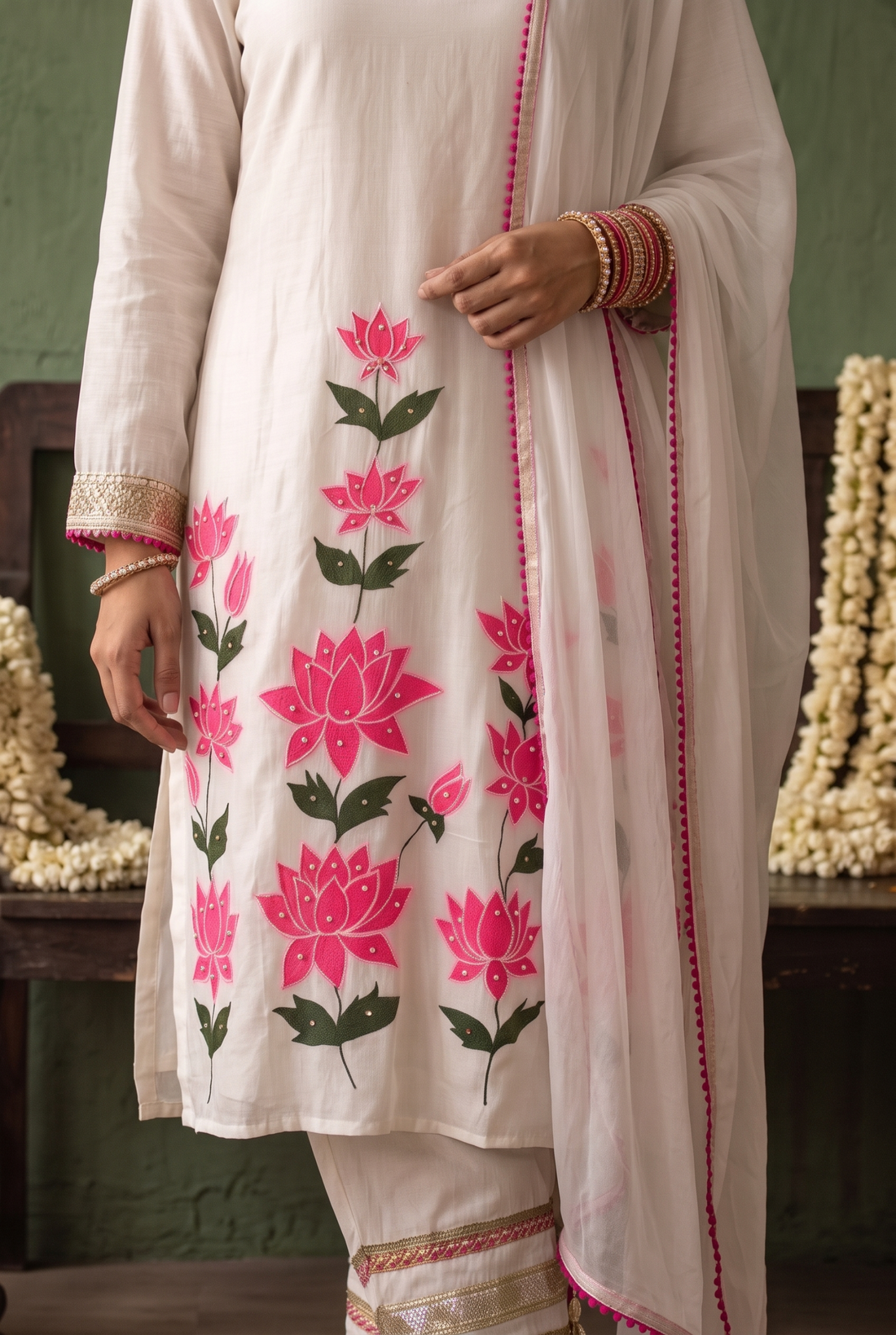 White Lotus Print Kurta with Printed Palazzo & Dupatta