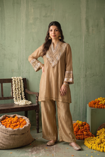 Shimmer Gold Co-ord Set with Zari Embroidery