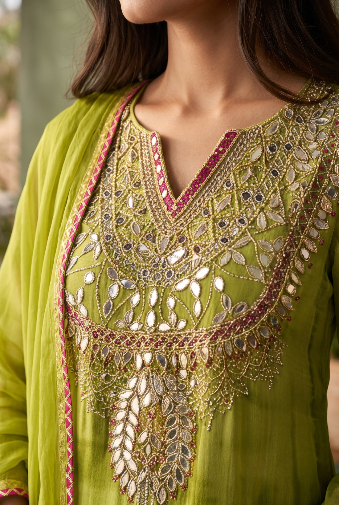 Lime-Green Shaded Suit with Sequin Embellished Neckline