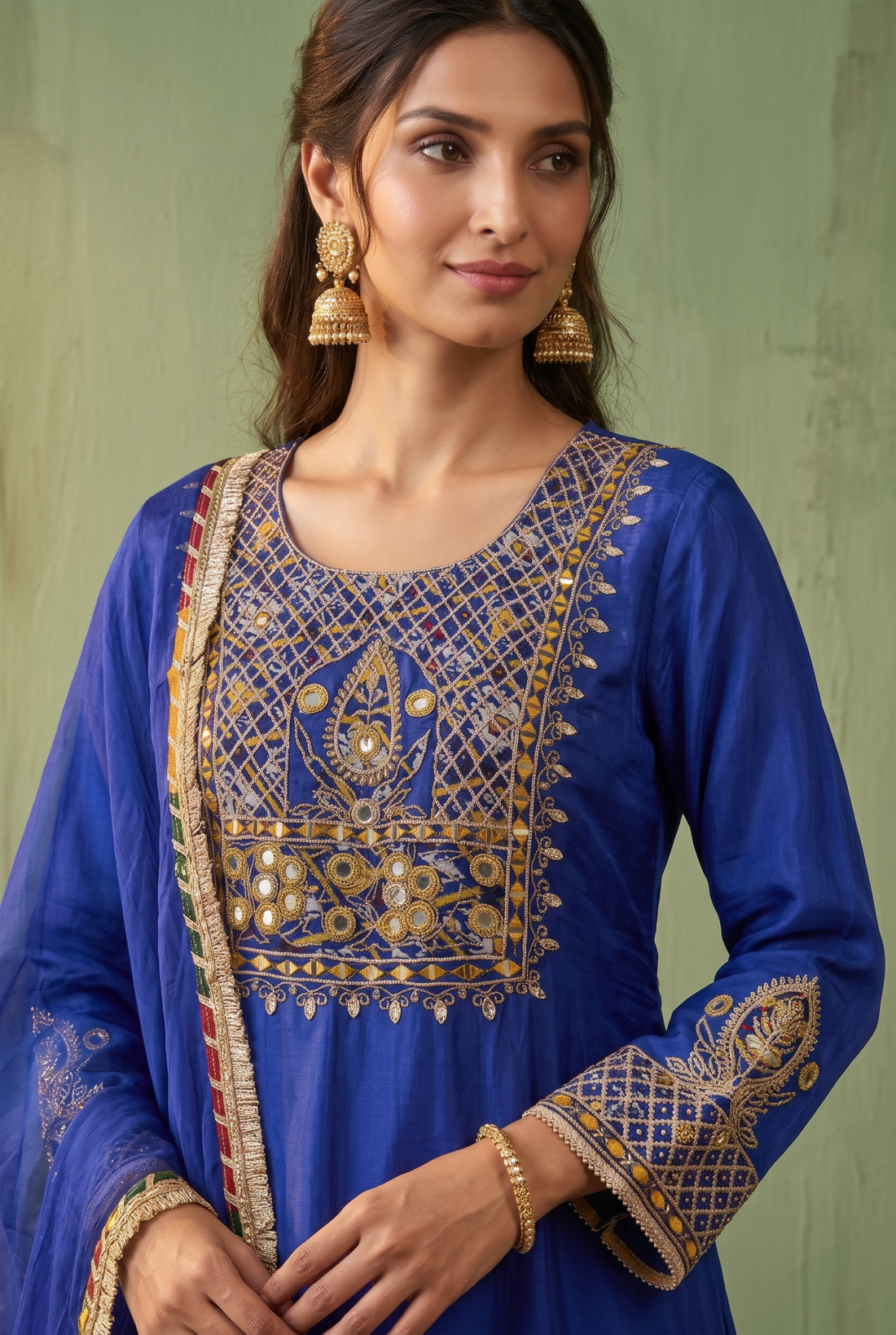 Royal Blue Traditional Suit with Mirror & Thread Embroidery