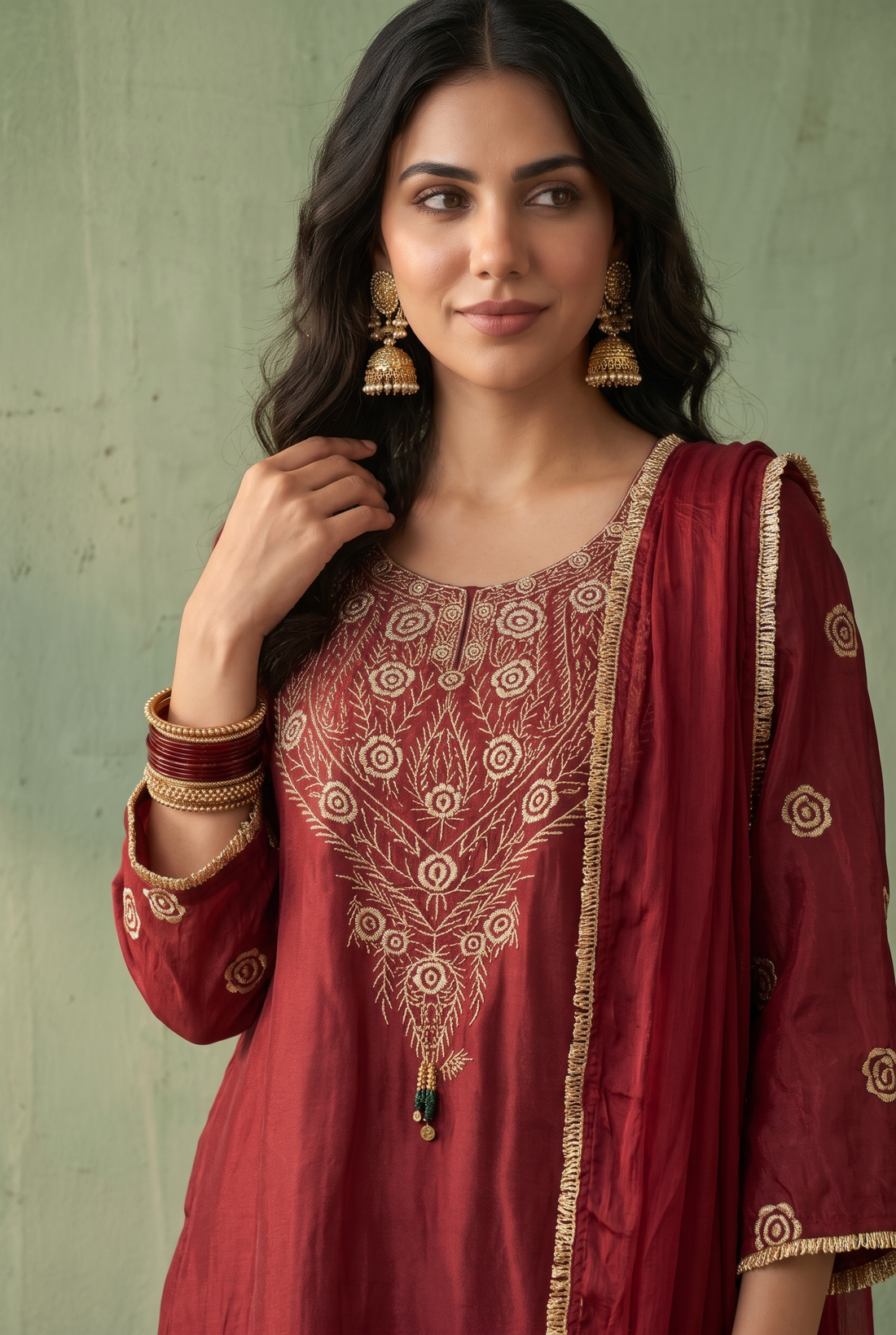 Red Silk Suit with Gold Floral Embroidery & Dupatta