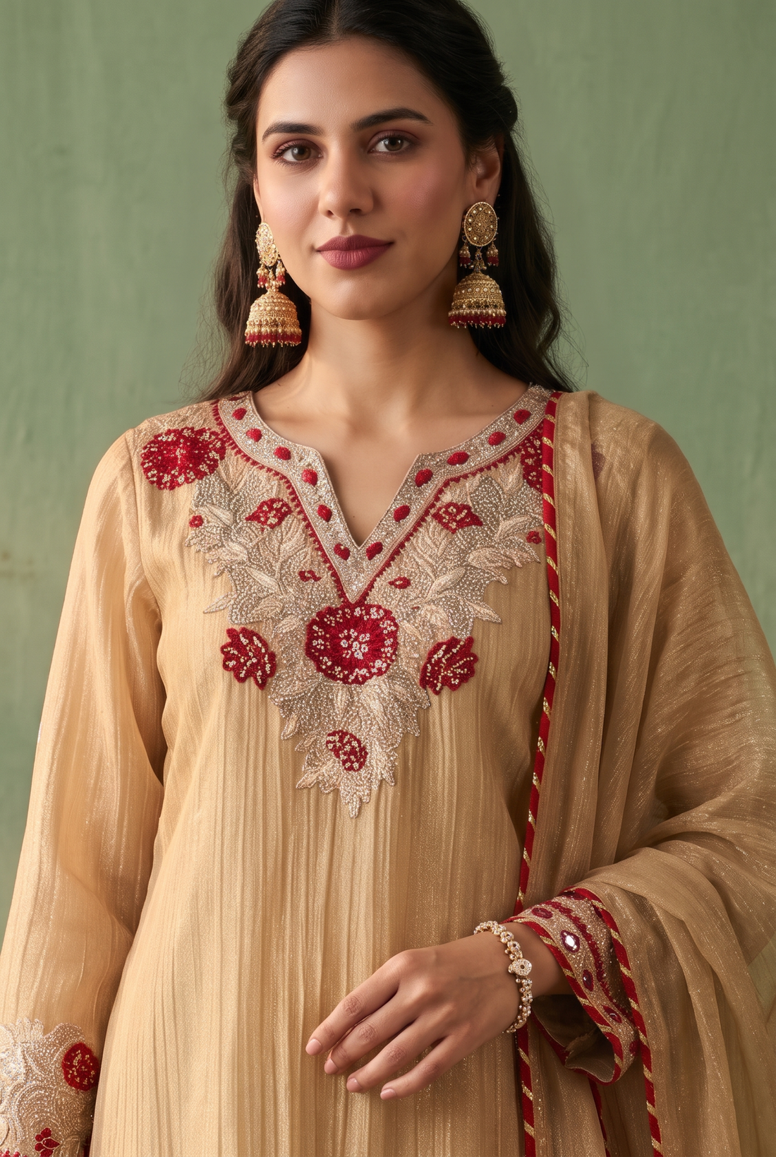 Beige Embroidered Kurta with Red Bandhani Pant