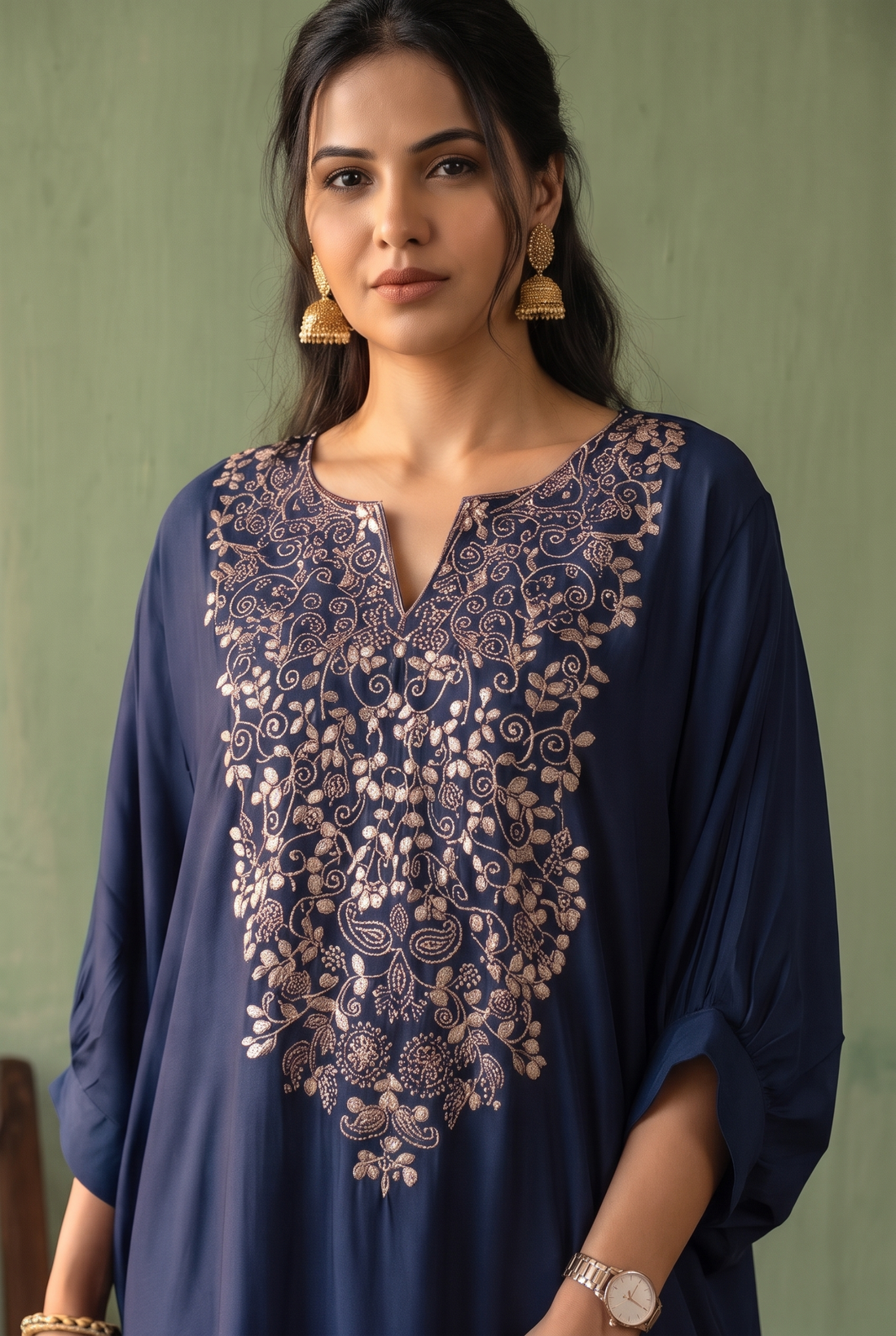 Royal Blue Satin Kaftan with Gold Zardozi Embroidery