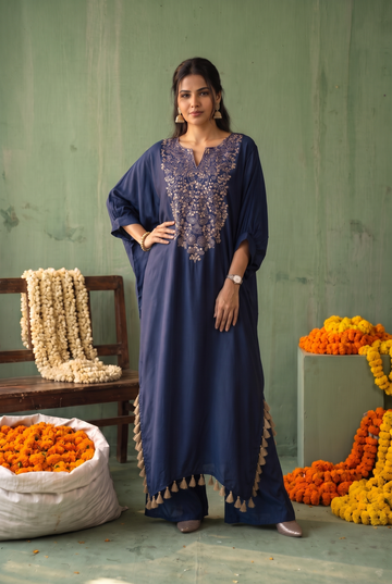 Royal Blue Satin Kaftan with Gold Zardozi Embroidery