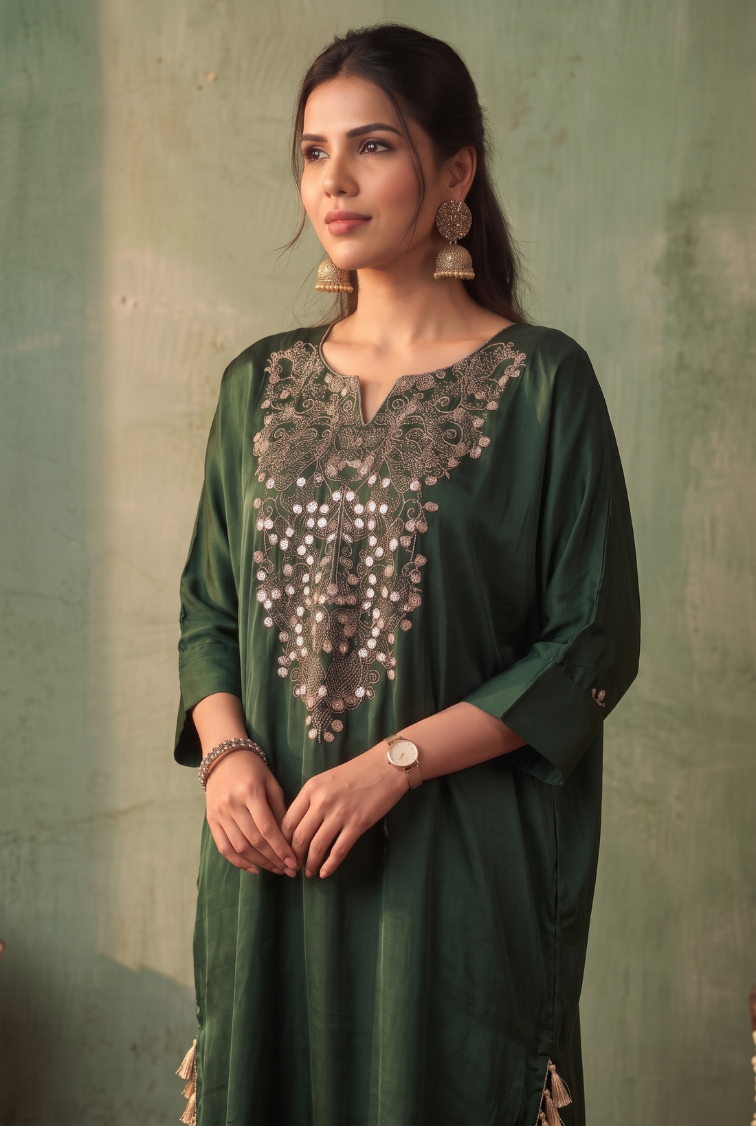 Green Embroidered Kaftan Kurta with Side Slits