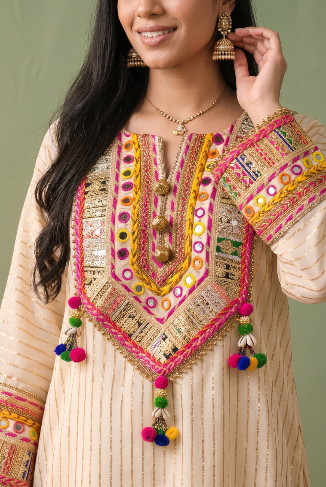 Beige Gold Striped Kaftan with Rabari Mirror Embroidery