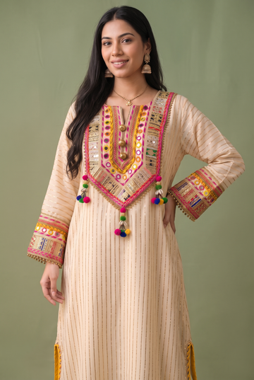 Beige Gold Striped Kaftan with Rabari Mirror Embroidery