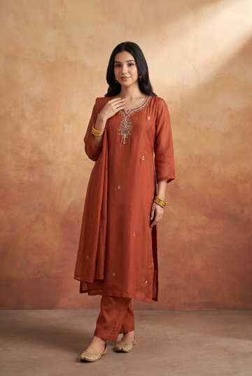 Rust Orange Embroidered Straight-Cut 3-Piece Pant Set with Dupatta
