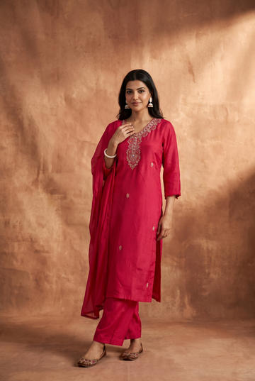 Rani Pink Mulchanderi Anarkali 3-Piece Suit with Embroidered Kurta, Pants & Dupatta