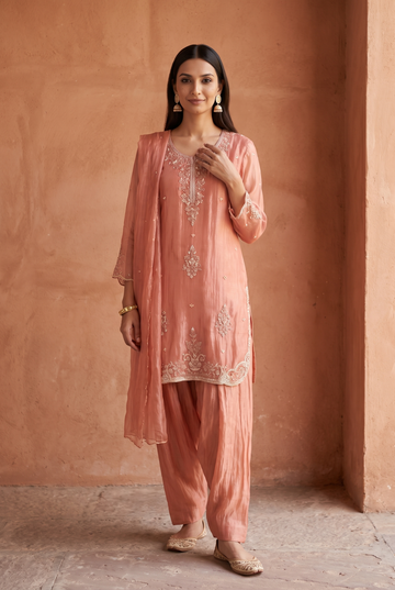 Peach 3 piece suit set with heavy work on front