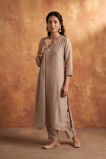Grey Embroidered Kurta with Palazzo & Dupatta