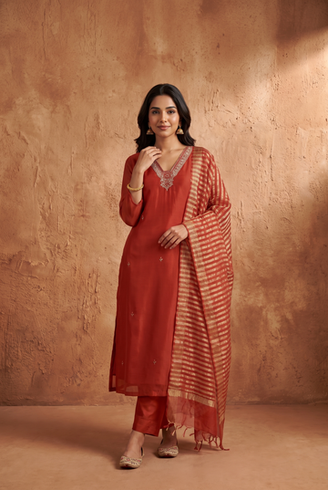 Orange 3 piece Suit set  with work on neckline