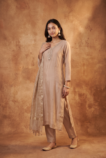 Beige Mulchanderi Anarkali 3-Piece Suit with Embroidered Kurta, Pants & Dupatta