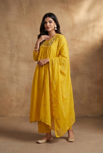 Yellow 3 piece anarkali set