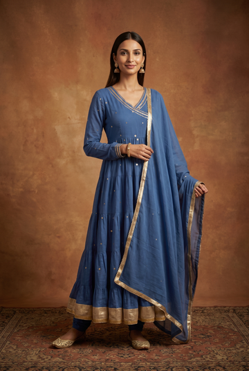 Blue Layered Anarkali Set with Gota Patti Border