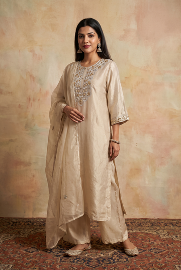 Beige Gota Patti Work Kurta Pant Set with Dupatta