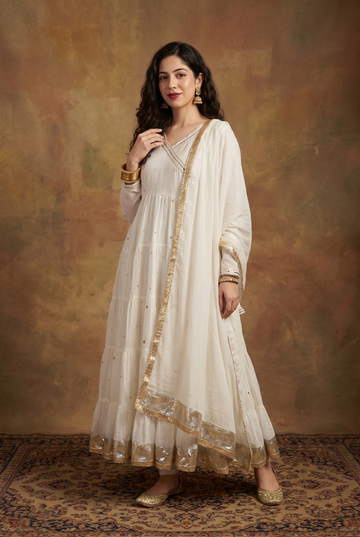 Ivory Sequin Embroidered Anarkali Suit Set with Dupatta