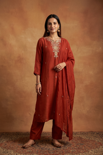 Rust Embroidered Kurta Pant Set with Dupatta