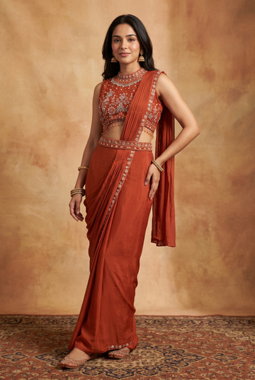 Orange Embroidered Blouse with Draped Skirt Saree Set