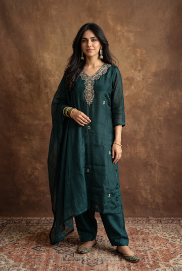 Peacock Green V-Neck Kurta Palazzo Set with Dupatta