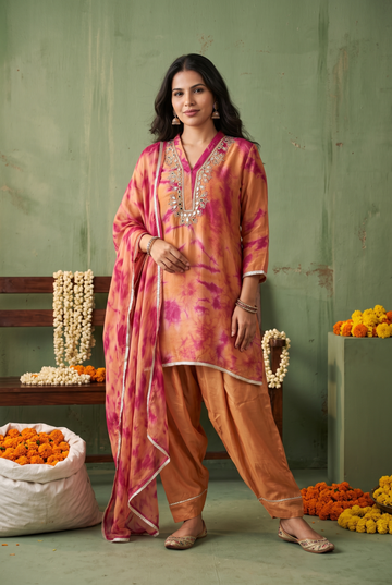 Peach Satin Kurta with Mirror Work Embroidery