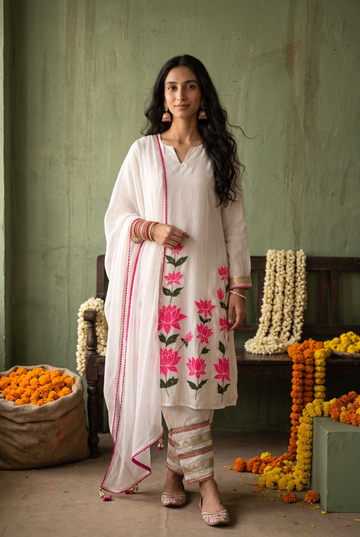 White Lotus Print Kurta with Printed Palazzo & Dupatta