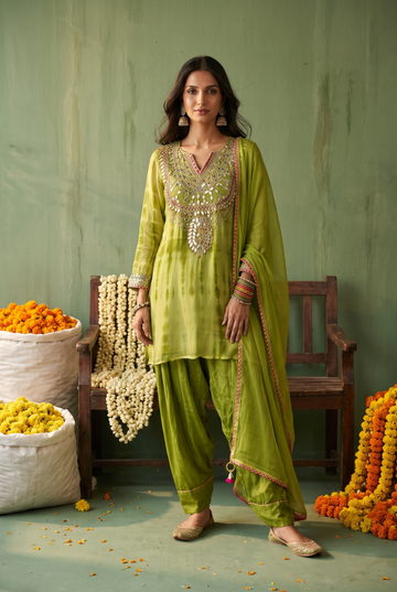 Lime-Green Shaded Suit with Sequin Embellished Neckline