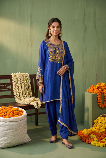 Royal Blue Traditional Suit with Mirror & Thread Embroidery