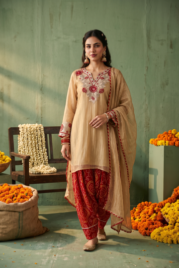 Beige Embroidered Kurta with Red Bandhani Pant