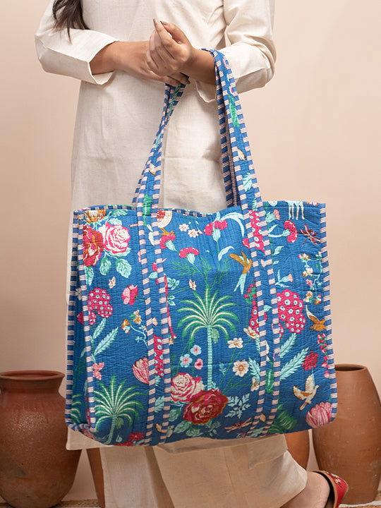 Azure Botanical Printed Quilted  Tote Bag with Inner Pocket - Cult91