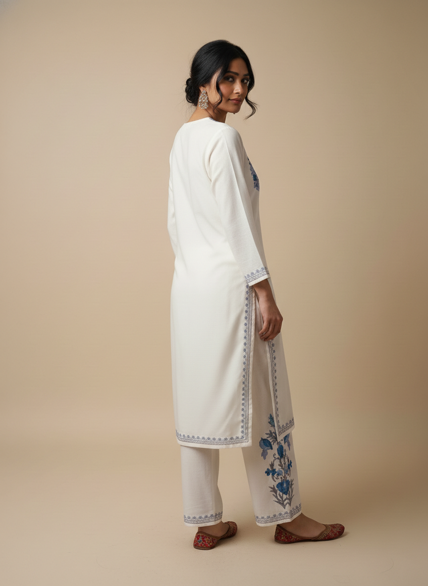 White Aari Embroidered Co-ord Set with Blue Floral Motifs
