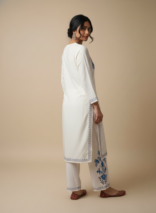 White Aari Embroidered Co-ord Set with Blue Floral Motifs
