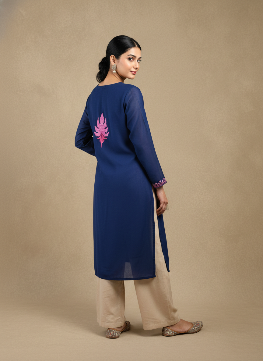 Midnight Blue Cotton Kurti with Pink Crewel Embroidery