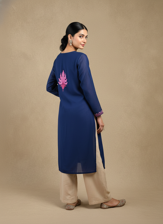 Midnight Blue Cotton Kurti with Pink Crewel Embroidery