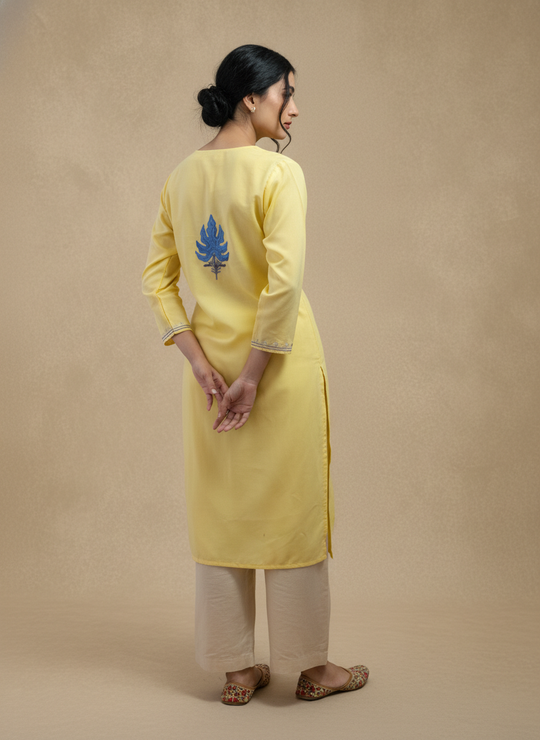 Lime Yellow Cotton Kurti With Floral Embroidery
