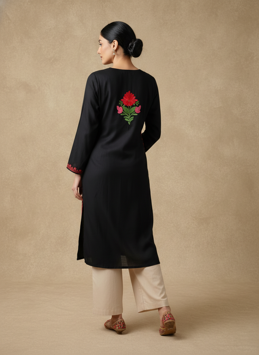 Black  Kurti With Red Floral Motifs