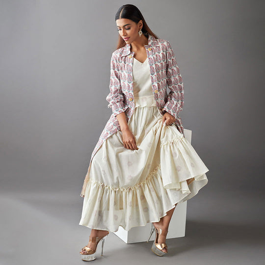Beige Embroidered Paisley Open Jacket with Off-White Dulux Cotton Dress - Cult91