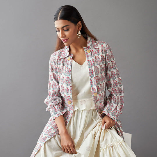 Beige Embroidered Paisley Open Jacket with Off-White Dulux Cotton Dress - Cult91