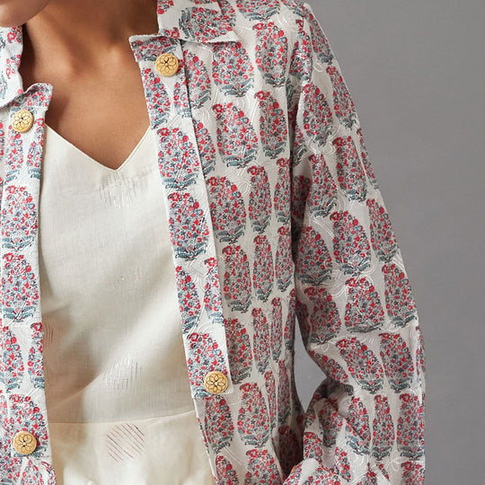 Beige Embroidered Paisley Open Jacket with Off-White Dulux Cotton Dress - Cult91